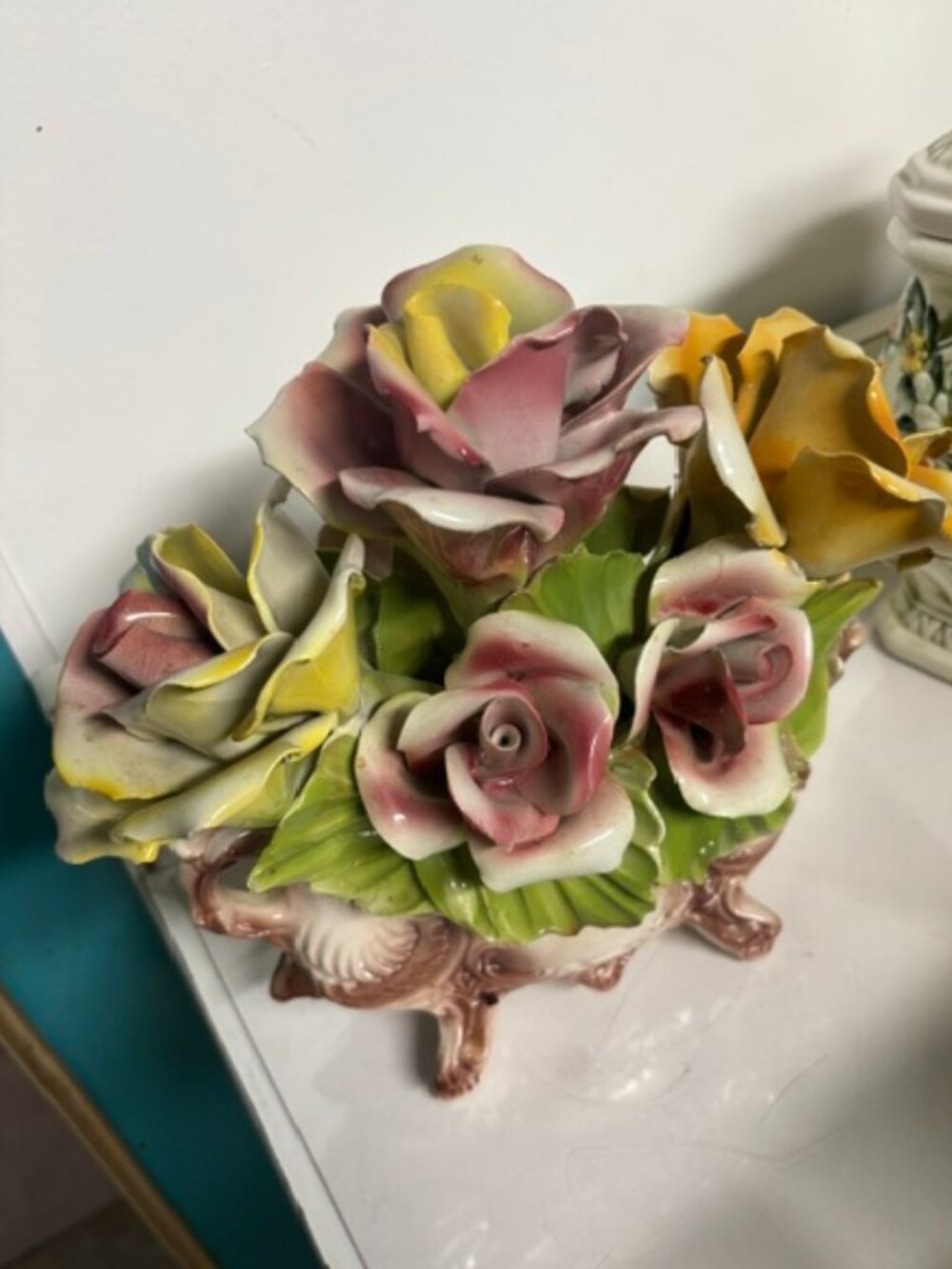 Fab! Vintage Nuova Capodimonte Pink & Yellow Roses Porcelain Bouquet